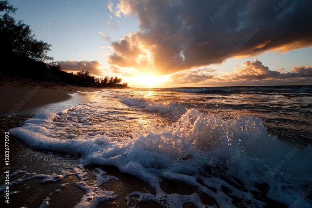 Poster large waves that create splashes on the beach when they meet the shore.