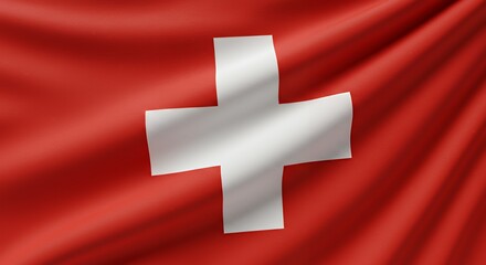 Fototapeta premium Waving Swiss Flag with White Cross Symbol on Red Background