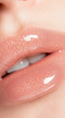 Glistening pink lip gloss and subtle glitter particles accentuating full, plump lips reveal the effectiveness of lip augmentation in enhancing natural beauty