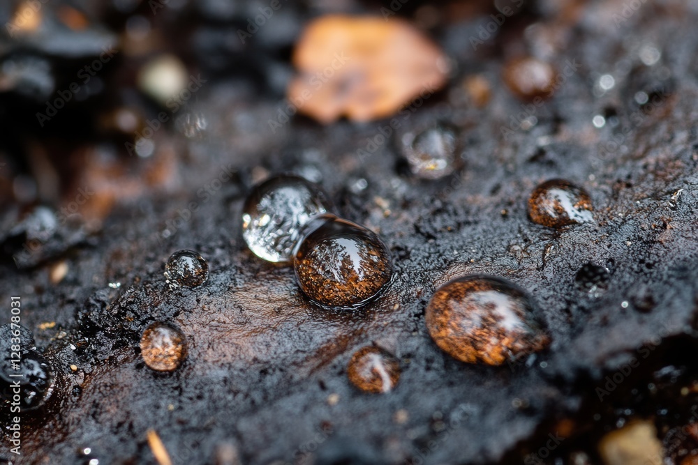 Poster raindrops falling on the forest floor, creating mini-splashes.