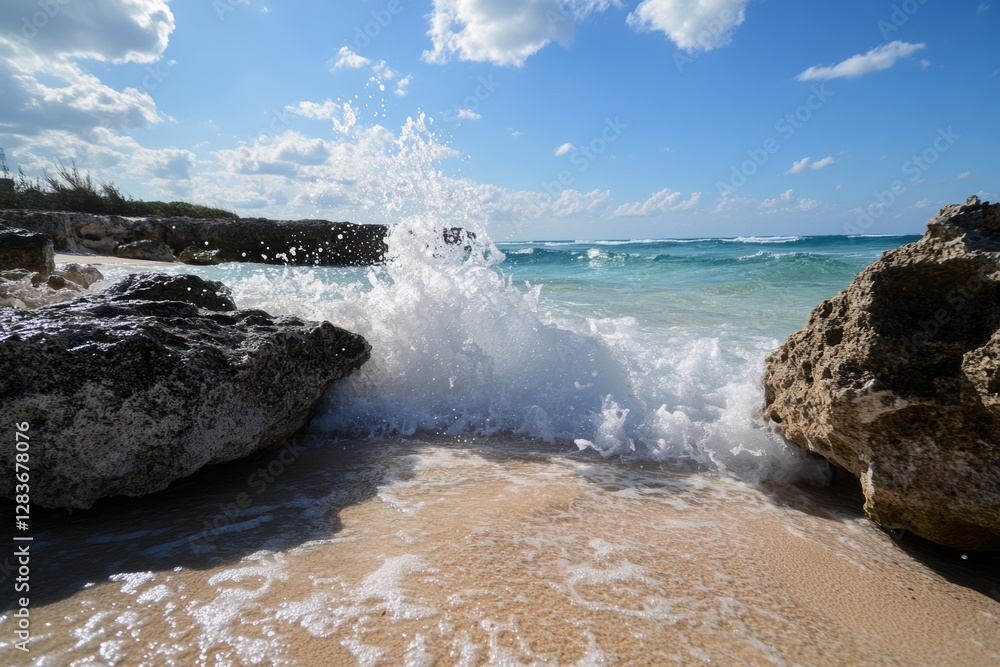 Poster waves crashing against rocks on the beach, creating big splashes.