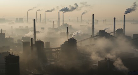 Smokestacks and Industry in Fog Industrial Landscape Showing Pollution
