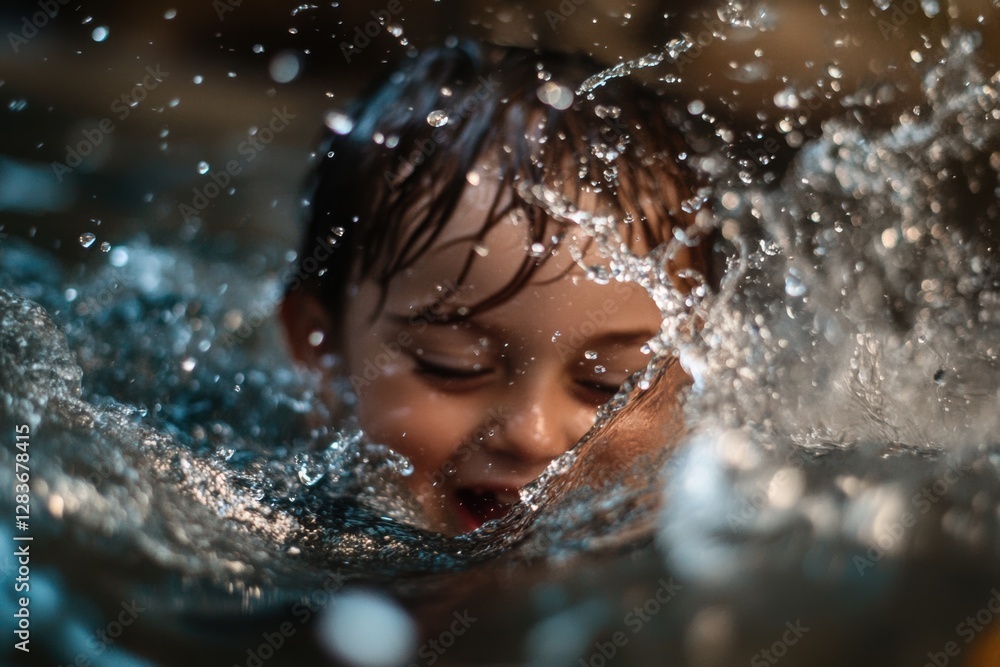 Poster a child playing in the pool and creating a fun splash of water.