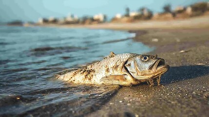 Fototapeta premium Dead fish on beach, polluted water, urban backdrop, environmental damage