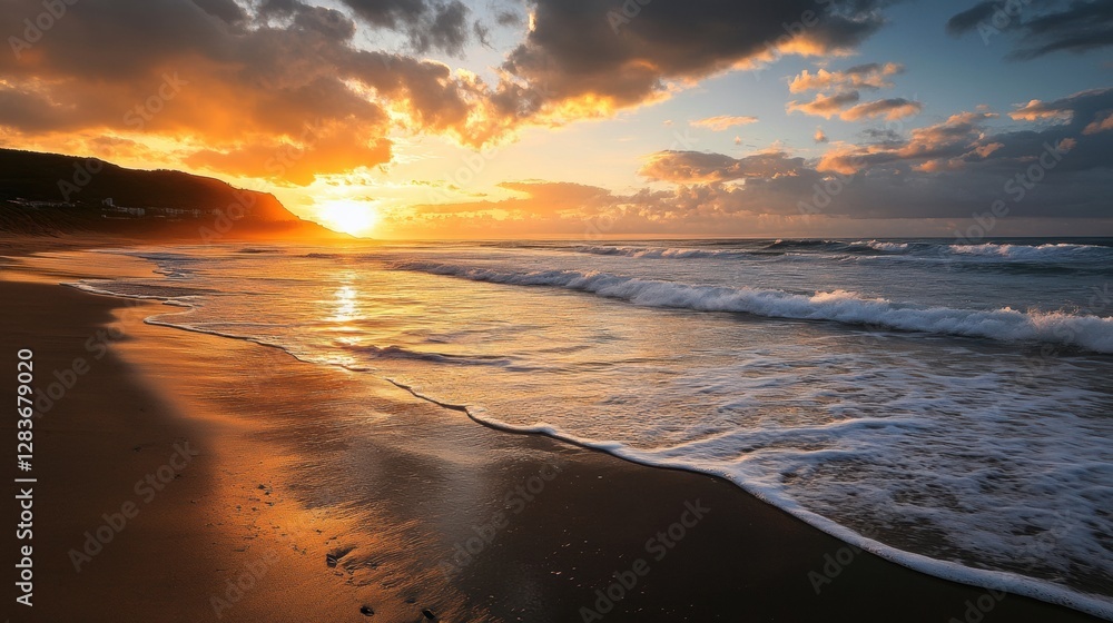 Poster stunning sunset over the calm ocean waves at a serene beach during twilight hours. generative ai