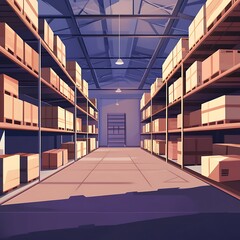 Fototapeta premium Spacious Warehouse Interior with Neatly Arranged Cardboard Boxes on Shelves