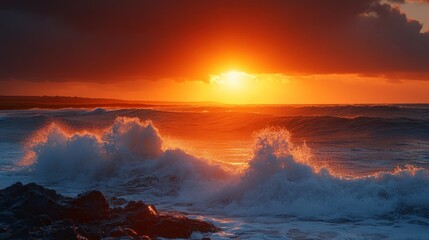 Dramatic sunset over stormy ocean waves crashing on rocks