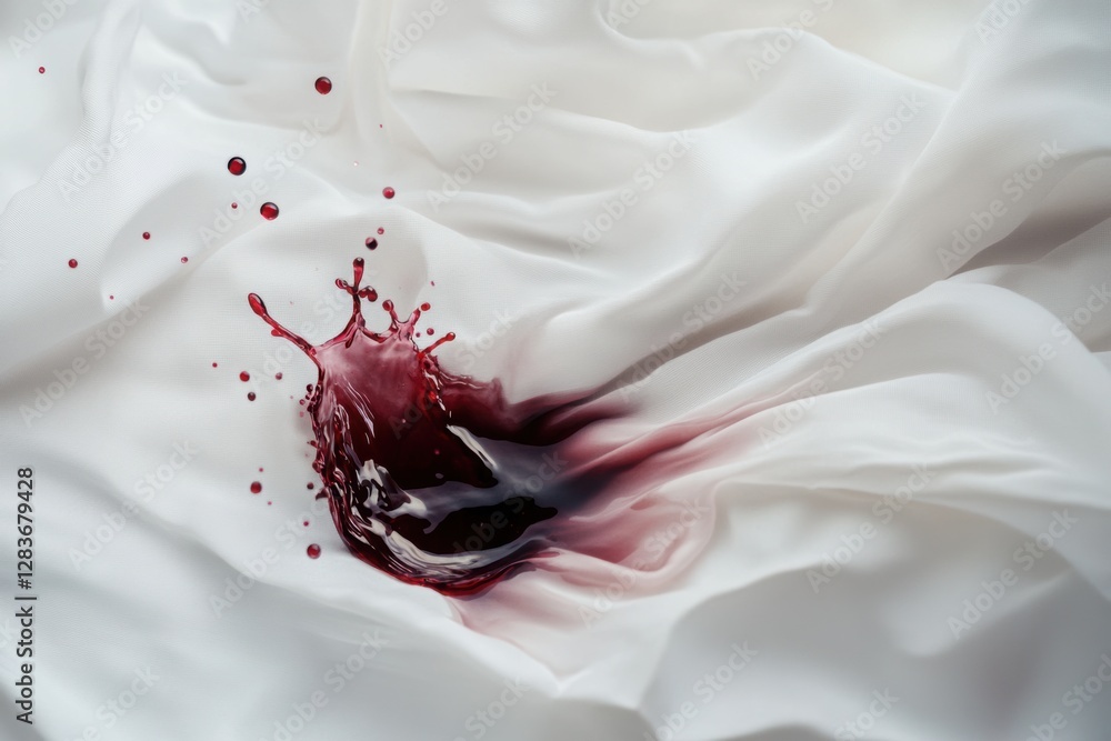 Poster a drop of red wine falling on a white cloth, creating a splash.