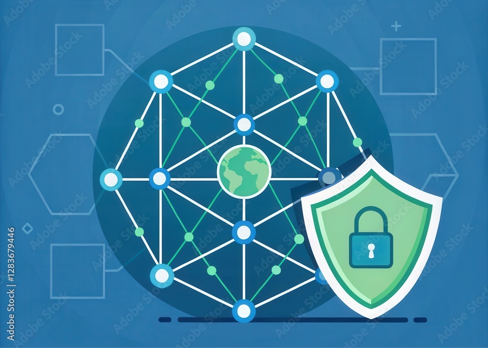 Poster a digital illustration representing cybersecurity, featuring a protective shield and a connected net