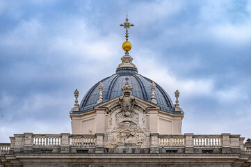 Architectural dome and capital structure in the facade of the Royal Palace, Madrid, Spain