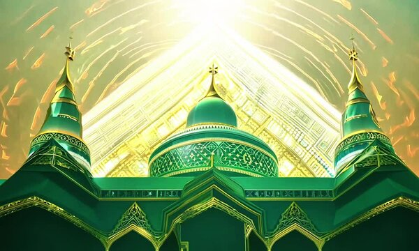 A spiritual Mosque buiding in harmonious color palette of green and gold for Ramadan Kareem Background. Moslem holy month scene.