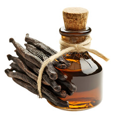Bottle of Vanilla Extract with Black Beans Isolated on Transparent Background