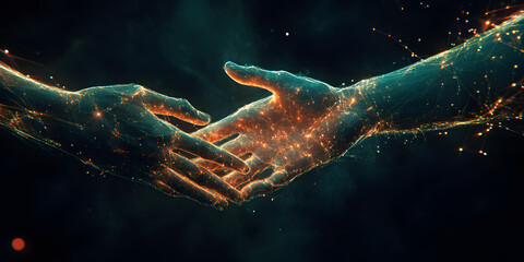 A digital hologram of hands touching, representing an agreement made over the internet.