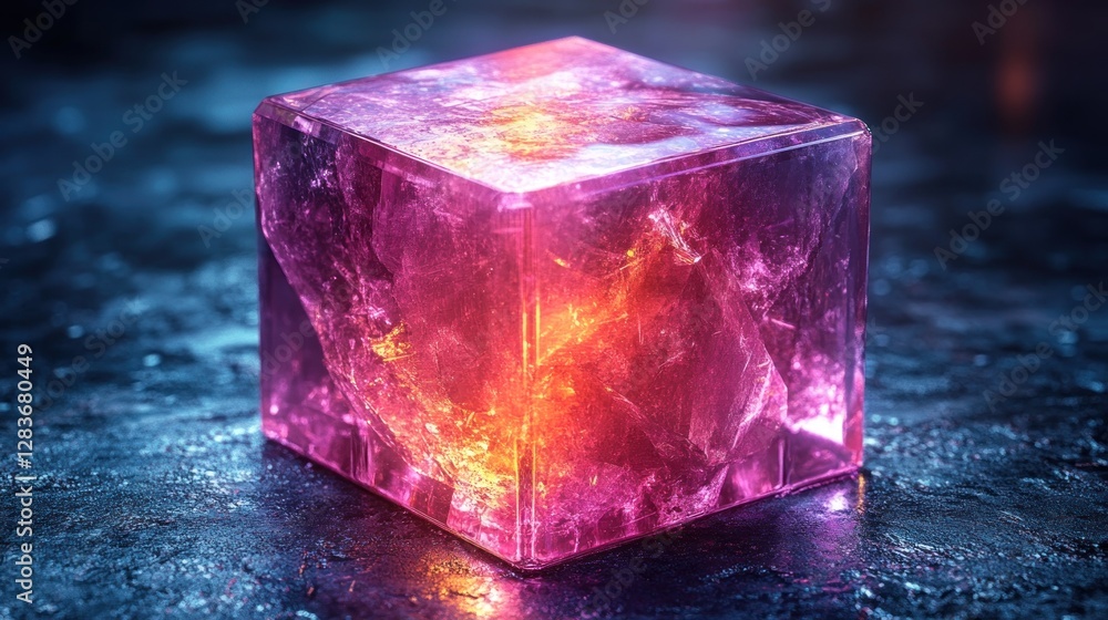 Poster Mystical Cube with Vibrant Colors and Reflective Surface creating futuristic and modern background