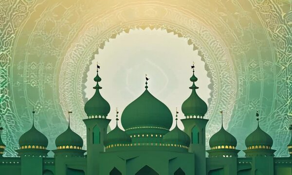 Ramadan Kareem Background Loop. Silhouette of Moslem Mosque with particle glitter green and gold on soft background.