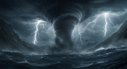 A powerful waterspout spins between mountains during a lightning storm