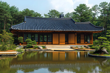 Fototapeta premium Traditional Wooden House By Pond In Japanese Garden