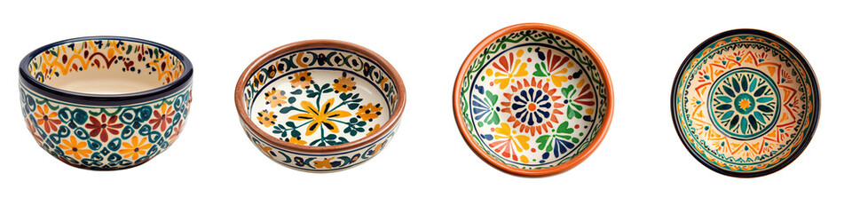 Collection of vibrant handcrafted ceramic bowls and plates featuring ornate traditional Moroccan inspired patterns and designs  These colorful