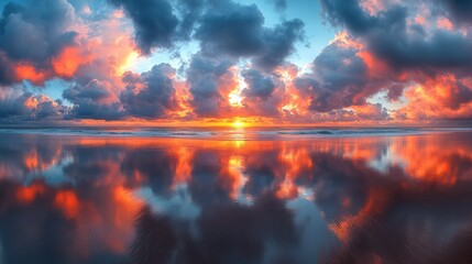 Naklejka premium Dramatic sunset reflection on calm beach