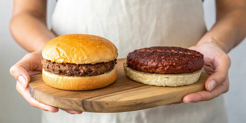 Comparison of classic meat burger and plant-based burger on wooden board