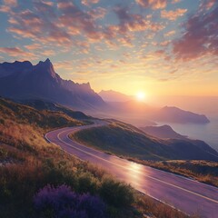 Serene Mountain Road at Sunrise - Beautiful Winding Road Scene