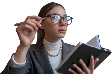 A corporate woman in glasses, holding a pen and notebook, looking focused, isolated on transparent background PNG