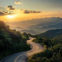 Serene Mountain Road at Sunrise - Beautiful Winding Road Scene