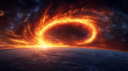 Cosmic fiery ring circling Earth, sunrise, nebula