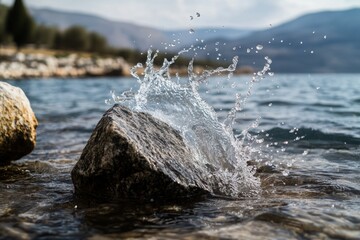 Obraz premium The splash of water when a stone falls into a lake or pond. 