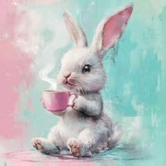 Cute Easter bunny holding steaming coffee cup on pastel background