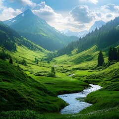 Serene Mountain Valley with Lush Green Meadows
