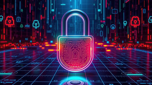 An image representing internet security. A three-dimensional, transparent padlock icon with an iridescent, glossy finish in rainbow colors. A dark, black background.