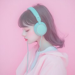 Serene Pastel Girl with Teal Headphones and Pink Background
