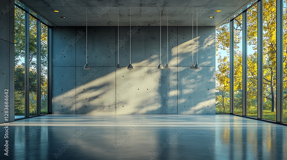 Poster empty modern concrete interior with large windows showcasing autumn trees