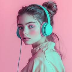 Serene Pastel Girl with Teal Headphones and Pink Background