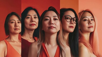 Obraz premium Diverse group of Asian women showcasing confidence in stylish orange outfits against a warm gradient background, celebrating beauty and individuality