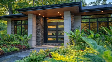Modern House Entrance With Stone Facade And Lush Landscaping