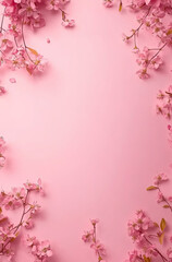 Fototapeta premium A delicate arrangement of pink flowers on a soft pink background, ideal for invitations or decor.
