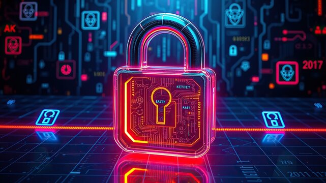 An image representing internet security. A three-dimensional, transparent padlock icon with an iridescent, glossy finish in rainbow colors. A dark, black background.