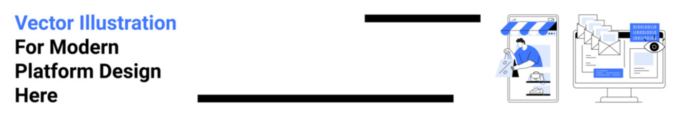 Digital storefront on mobile phone, data analytics screen on desktop. Ideal for e-commerce, online shopping, app design, marketing, business, tech interface, flat landing page banner