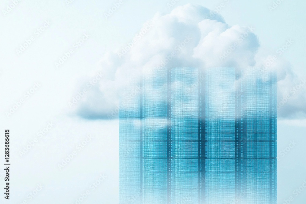 Poster abstract representation of modern architecture with clouds, showcasing a blend of ethereal and urban