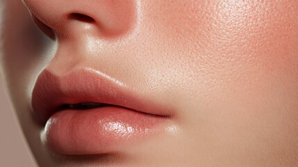 Naklejka premium Close up of beautiful, full lips highlighting lip augmentation, perfect skin, and the effectiveness of cosmetology or dentistry in enhancing natural beauty