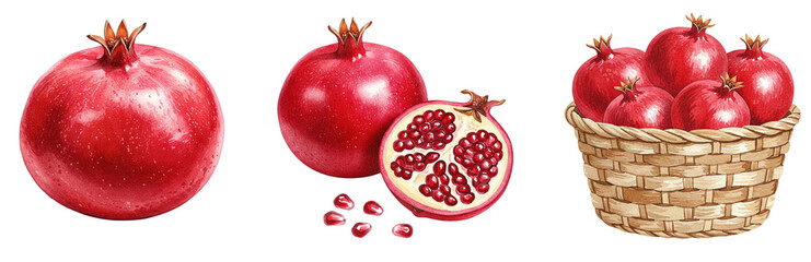 Fresh pomegranate fruit illustrations with whole and sliced fruits for design projects, watercolour style clipart collection