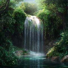 Tranquil Waterfall Flowing Amid Lush Green Foliage