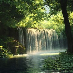 Tranquil Waterfall Flowing Amid Lush Green Foliage