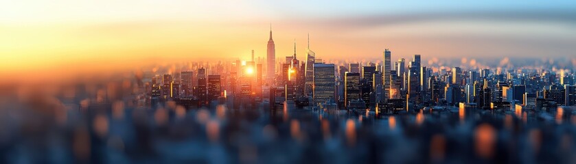 Obraz premium City skyline at sunset with glowing buildings.