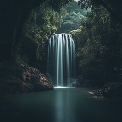 Tranquil Waterfall Flowing Amidst Lush Tropical Forest