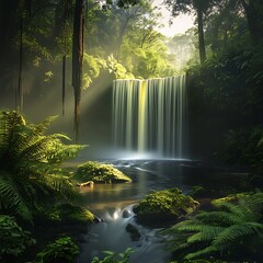 Serene Waterfall Cascading Through Lush Rainforest