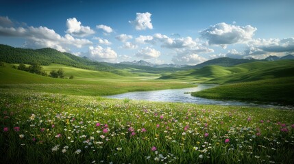 Fototapeta premium A Vibrant Field of Flowers Blossoms Under a Clearance of Drought-Sky After the Rain with Lush River