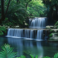 Serene Waterfall Cascading Through Lush Rainforest